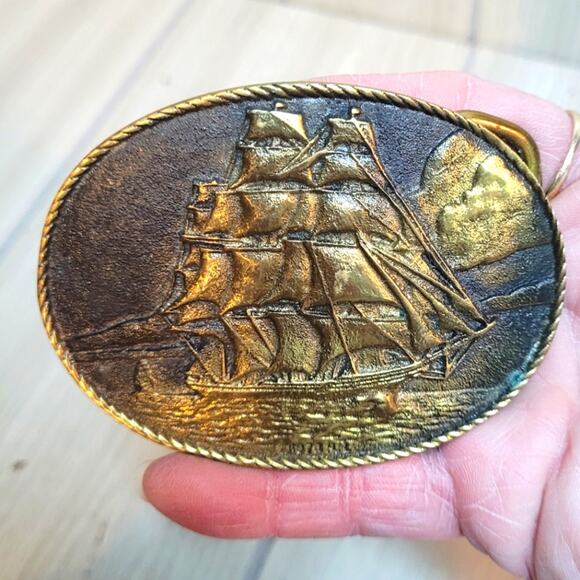 Vtg 1977 Clipper Ship Brass Belt Buckle Herritage Mint Nautical Ocean Western